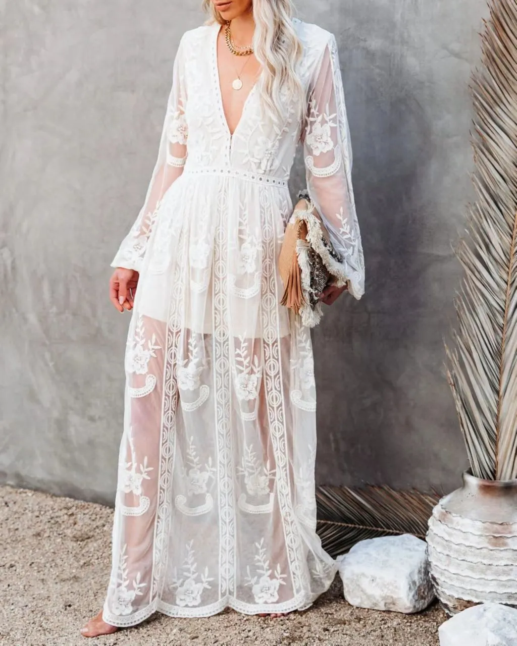 Maxct harajuku dress to impress Spring and Summer Women's Lace Long Dress V-neck Solid Color Chiffon Summer Dress