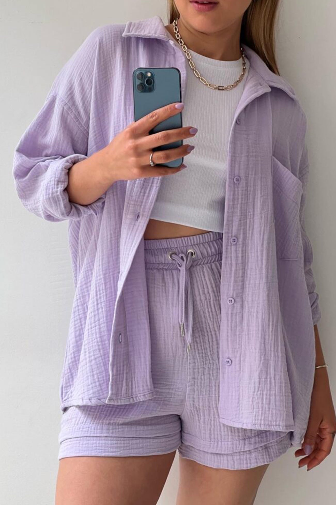 Maxct Long Sleeve Solid Color Shirt Shorts Set