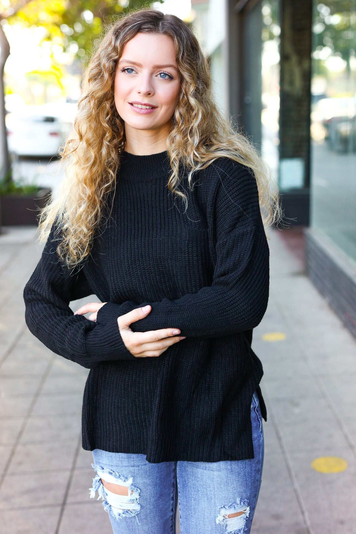Maxct &Classy Chic Black Mock Neck Chest Pocket Knit Sweater
