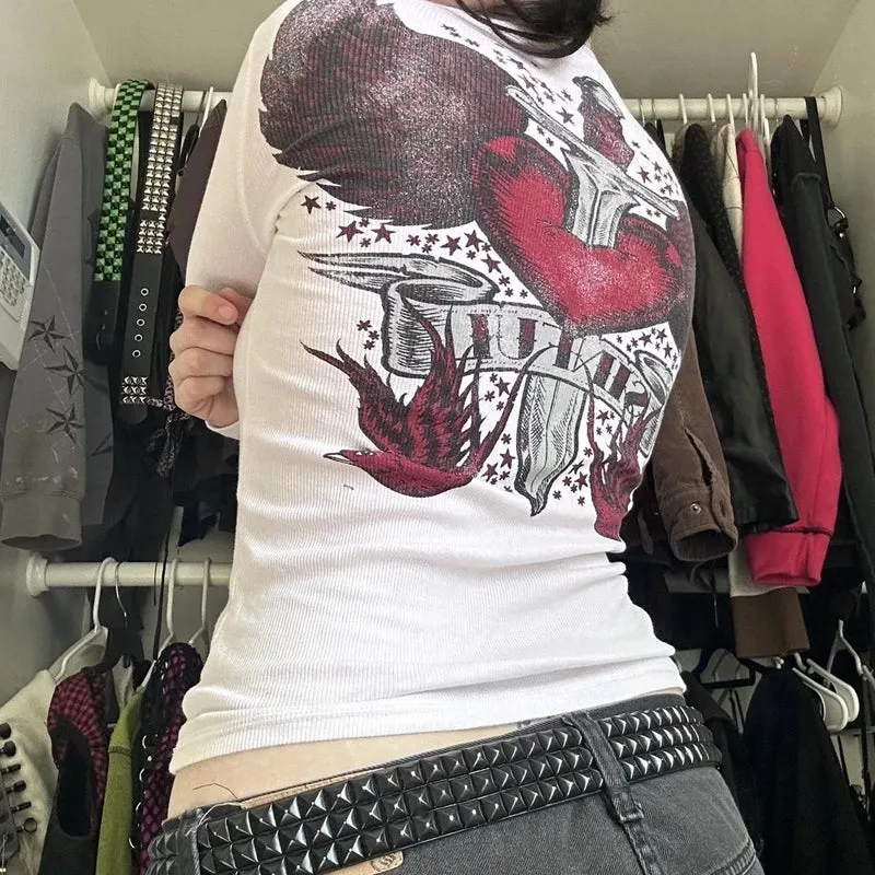 Maxct Cross Print T-shirt Women Y2K Cyber Grunge 00s Retro Harajuku Patchwork Long Sleeve Tee Gothic Mall Goth Sweats Tops