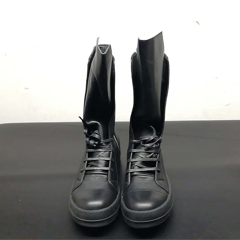Leather Sneakers  Black Round Toe High-top Unisex Maxct
