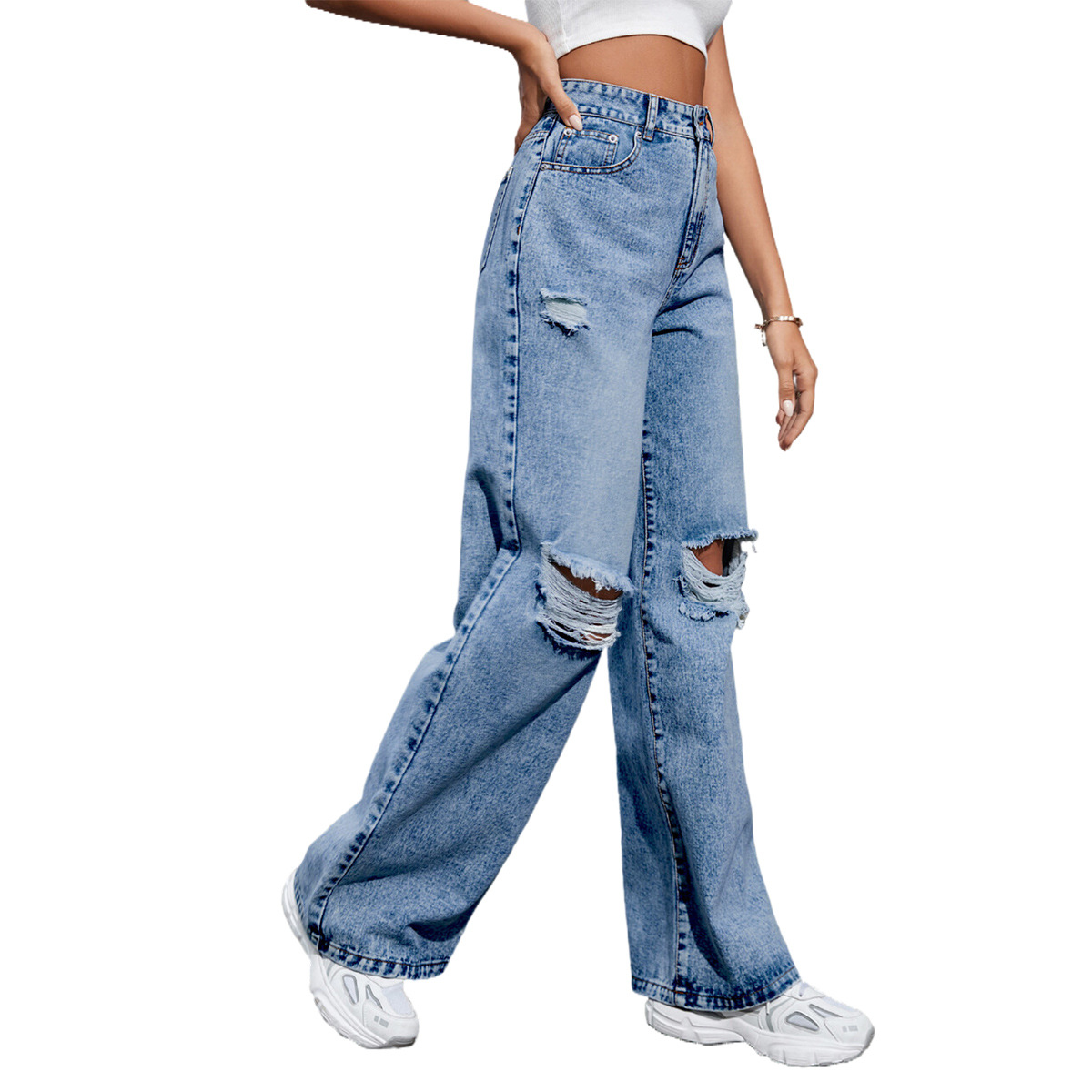 Maxct outfit inspo Women's Ins Fashion Ripped High Waist Wide Leg Pants Casual Denim Pants Fashion
