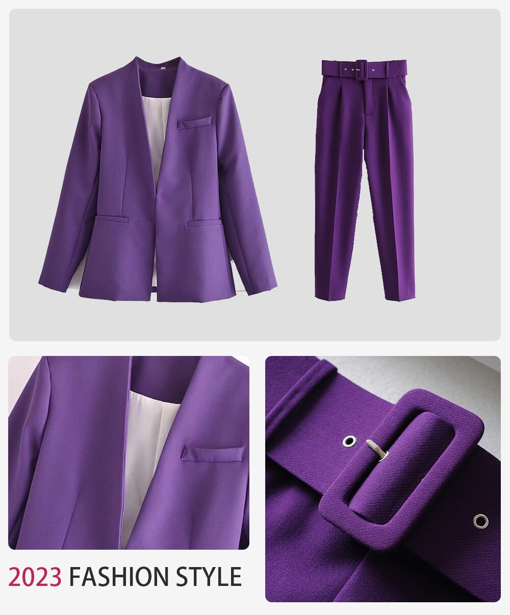2024 Women Fashion Two Pieces Sets Office Wear Blazers Coat And With Belt High Waist Pants Female