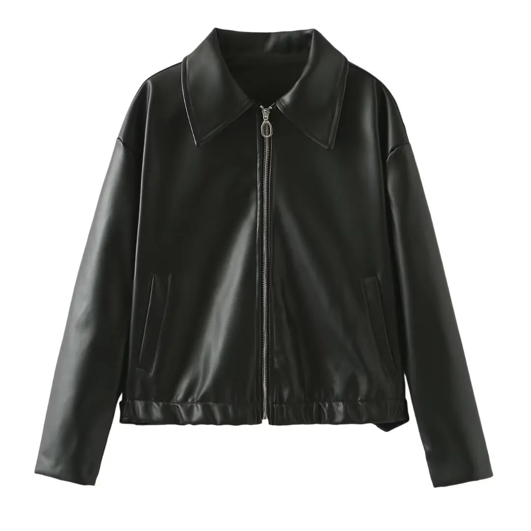 Maxct harajuku fashion dress to impress Women's Retro Lapel Zipper Leather Jacket American Casual Leather Coat Women