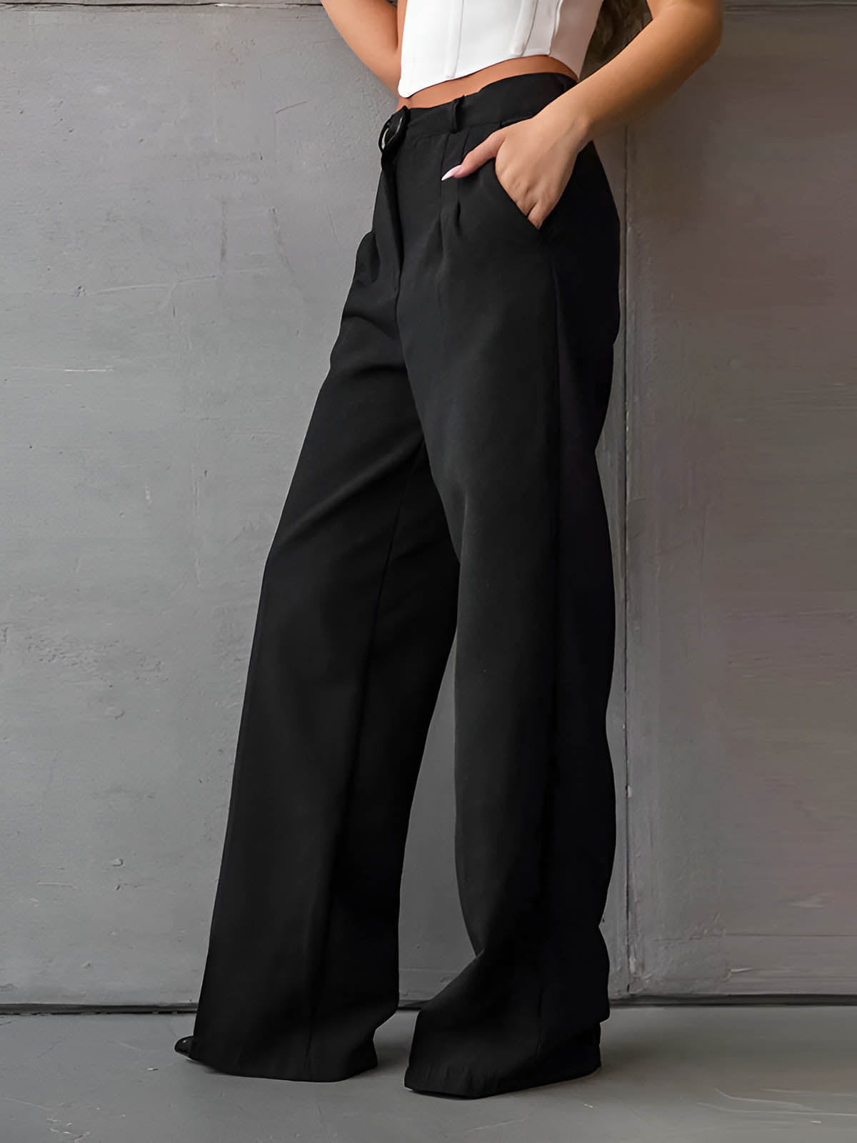 Maxct Solid Slant Pockets Flare Leg Long Pants