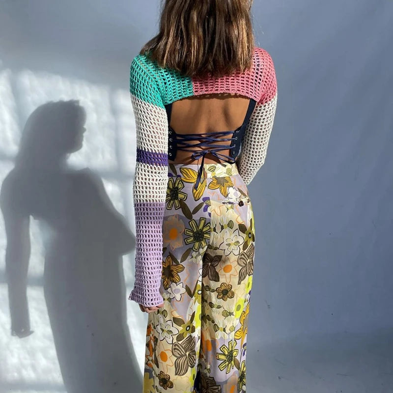 Maxct Sexy Crop Top Y2K Patchwork Crocheted Shawl Long Sleeves Mini Cover-ups Knitted Hollow Out T-shirt Women Fashion Streetwear