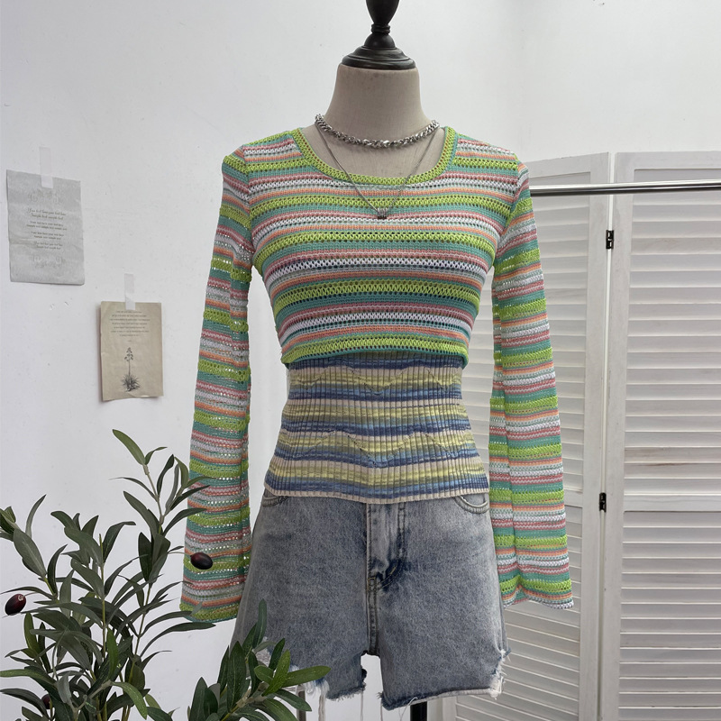 Maxct outfit inspo fall American Hot Girl Contrast Color Striped Stitching Short Navel Blouse + Slim Camisole Two-Piece Set 8869