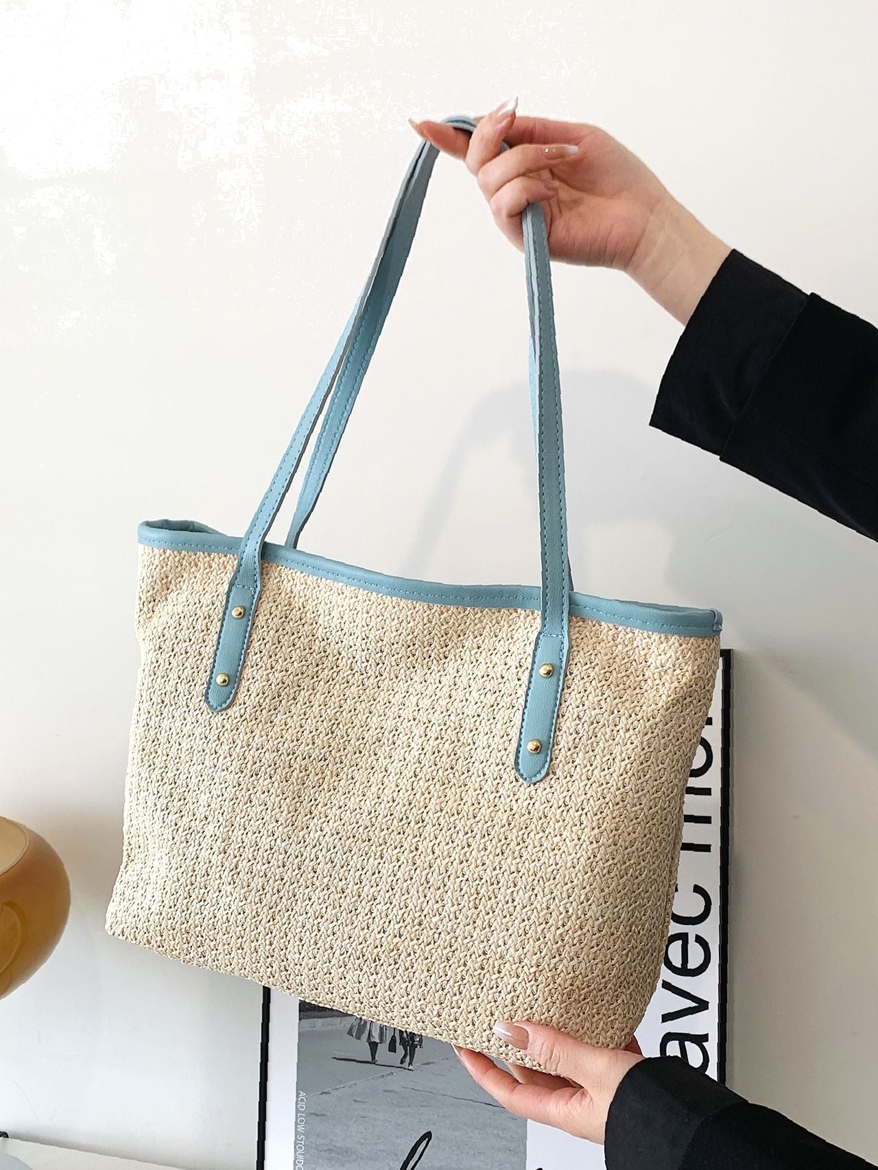 Maxct - Studded Decor Contrast Binding Straw Bag  - Women Tote Bags