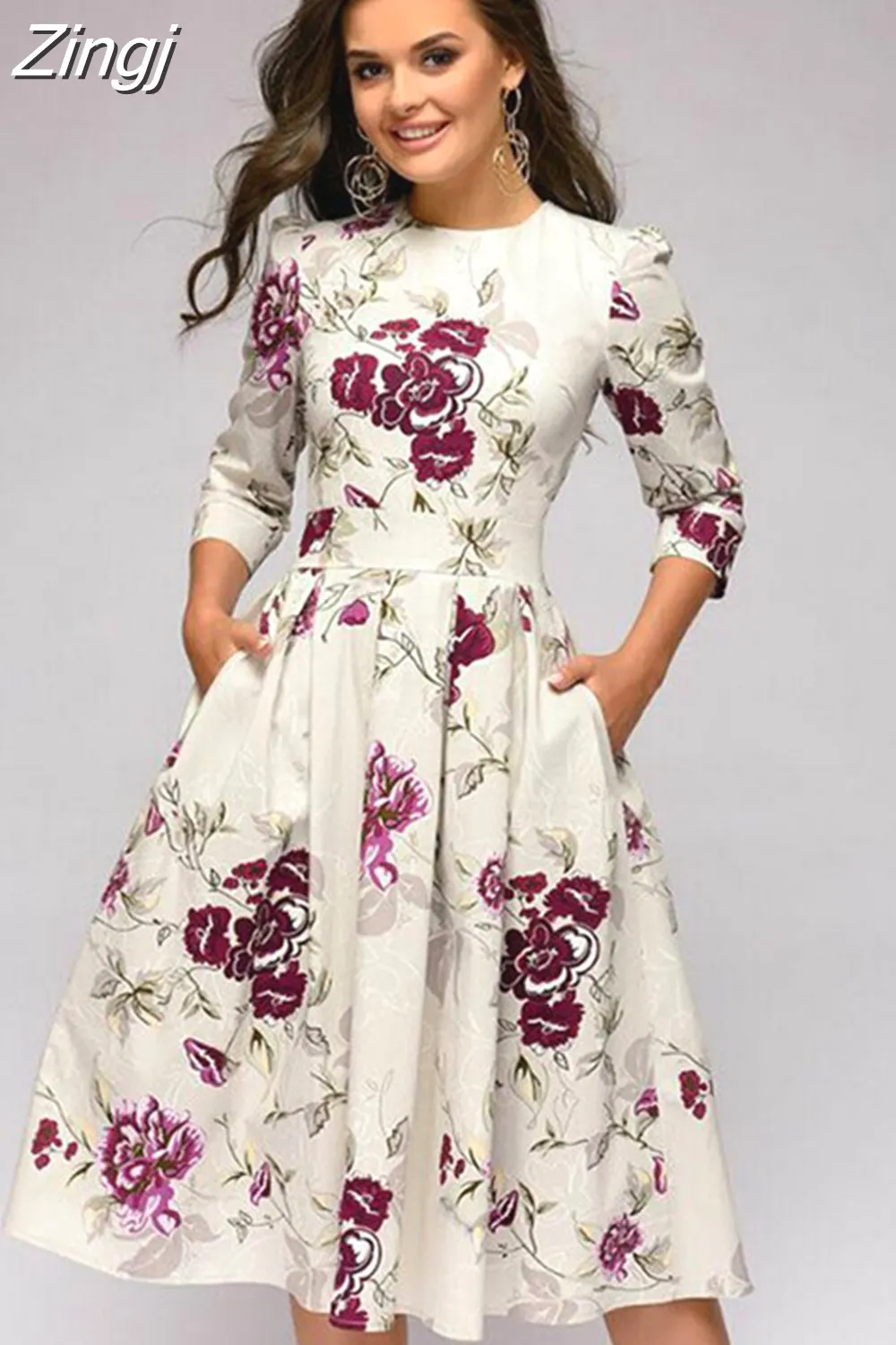 Maxct pleated tunic print dress women Elegant ladies A line dresses Long sleeve female autumn mixi party dress vestidos