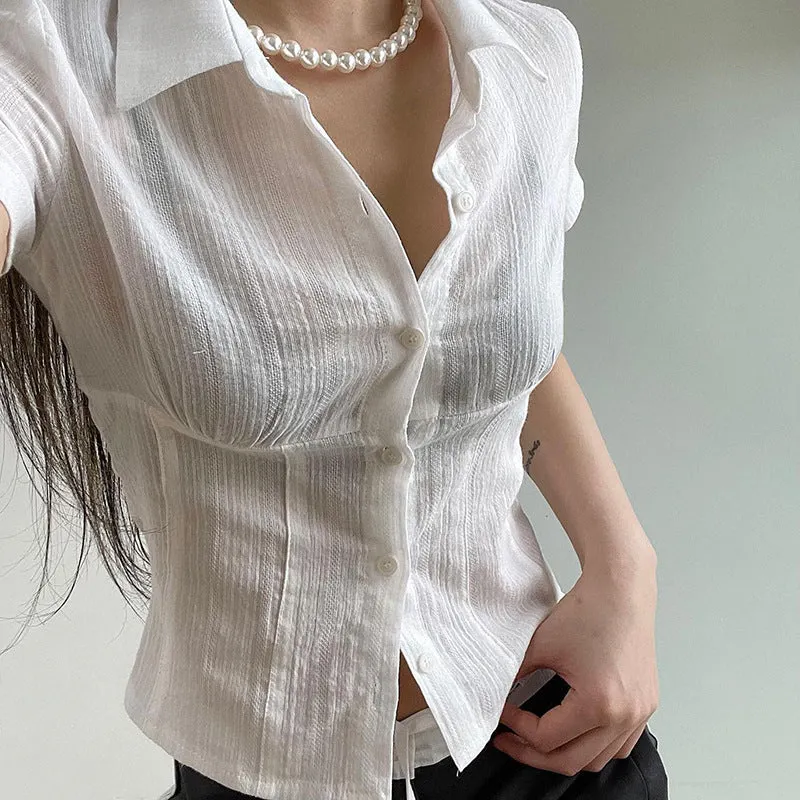 Maxct White Cropped Short Sleeve Blouse