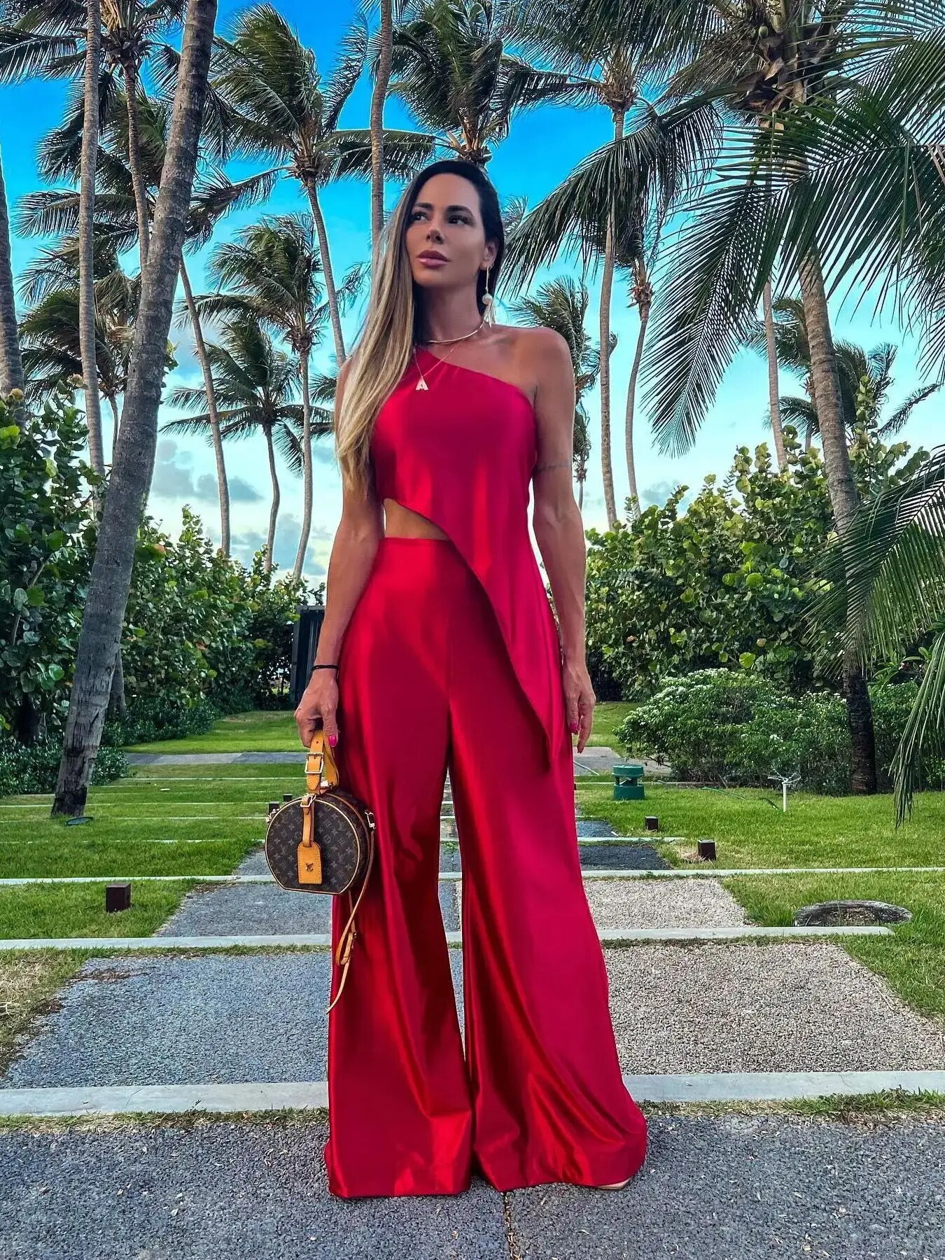 Maxct Solid Female Pant Two piece Set Skew Collar Sleeveless Top High Waist Wide Leg Pants Suit Elegant Evening Party Women Set
