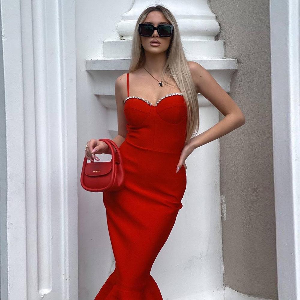 Maxct Women's Christmas Dress Autumn Women's Design Sense Diamond Bandage Dress Elegant Fishtail Dress