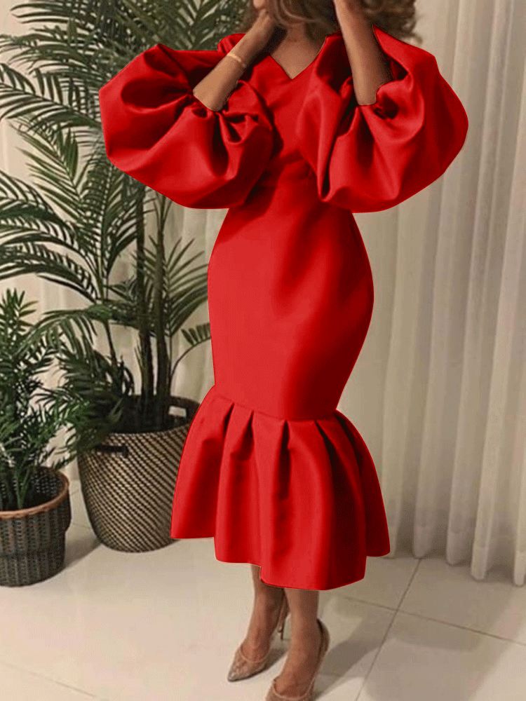 Lantern Sleeve Midi Fishtail Dress Maxct