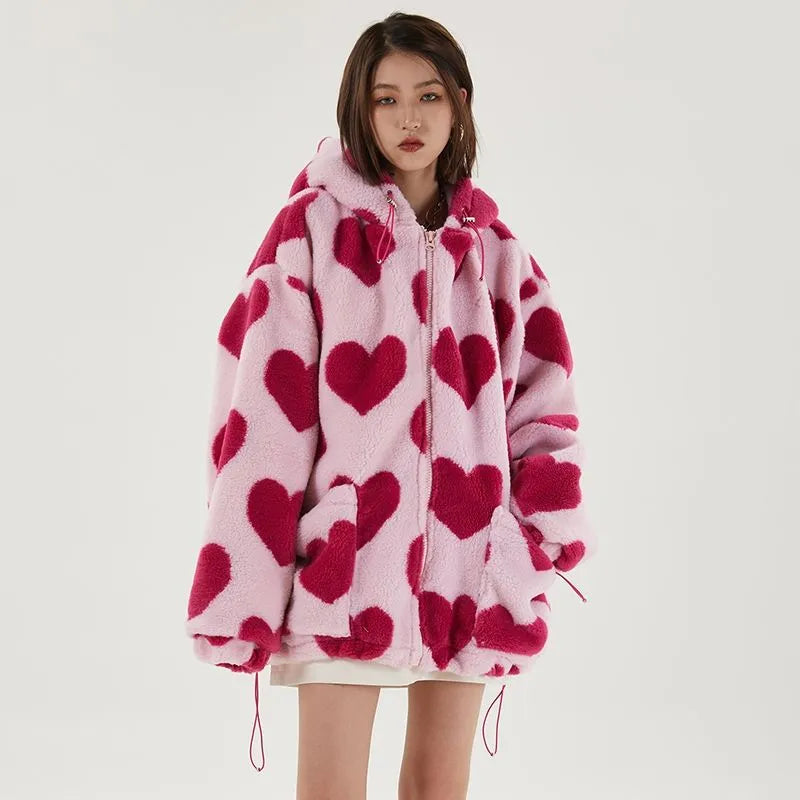Student Hoodie Cotton Women's Hearts Print Fur Jacket Maxct