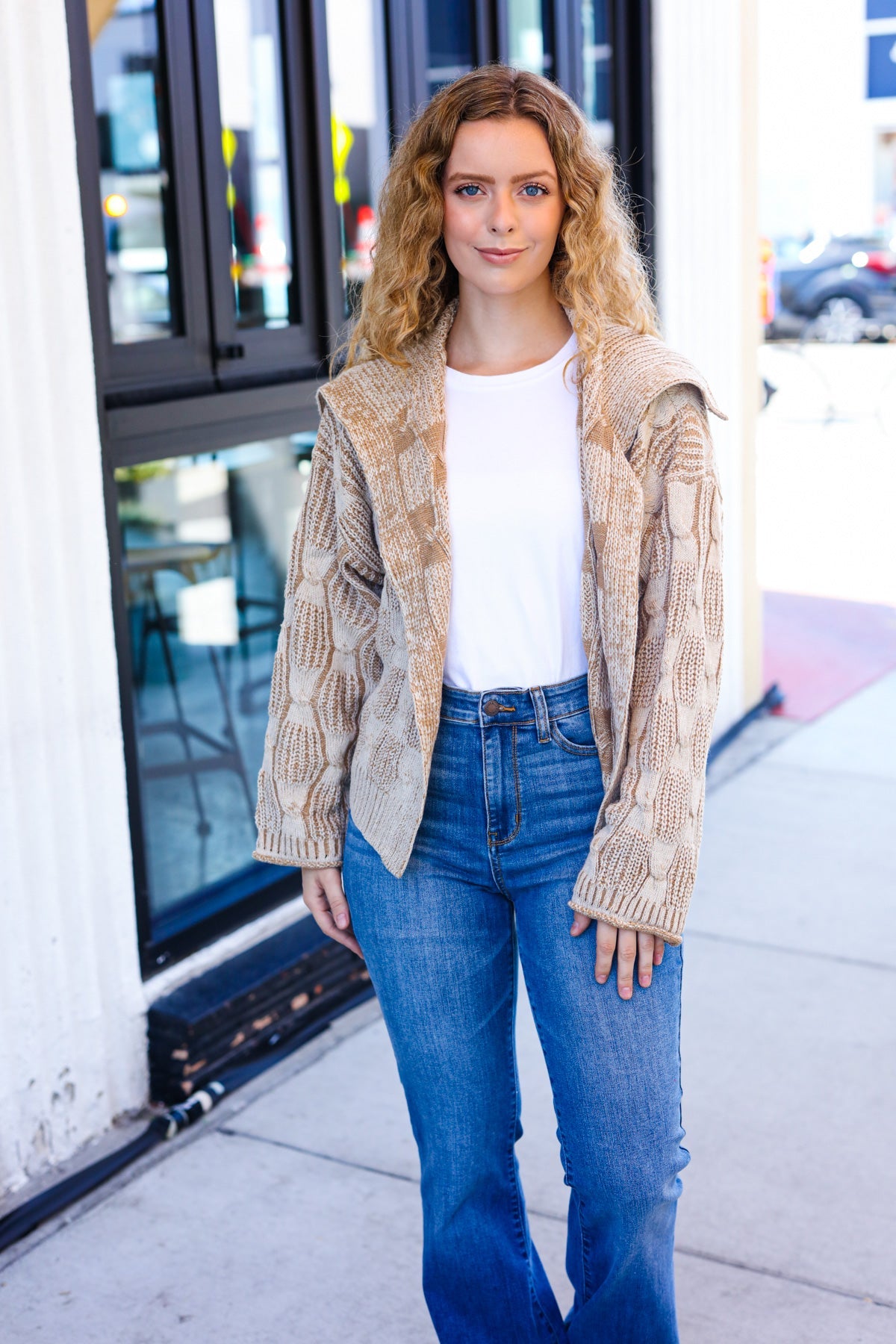 Maxct &Autumn Vibes Taupe Textured Cable Knit Collared Cardigan