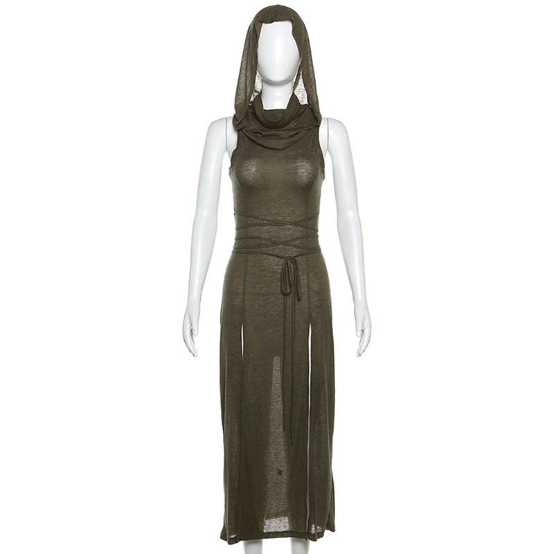 Wasteland Punk Dress y2k Solid Color Sleeveless Hollow Out Back Side Slit Hooded Dress 2000s Grunge Party Dresses