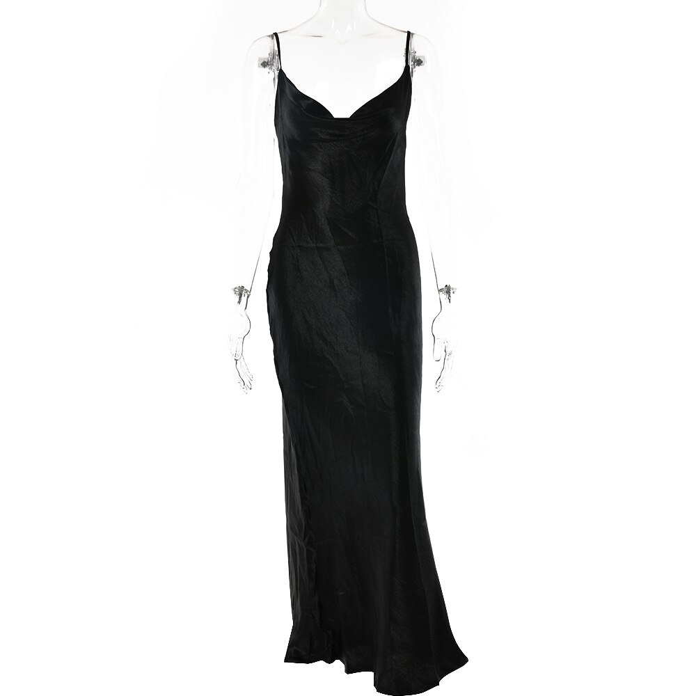Elegant Satin Backless Long Dress For Women Gown Summer Spaghetti Strap Sleeveless Night Club Party Long Dress Vestido