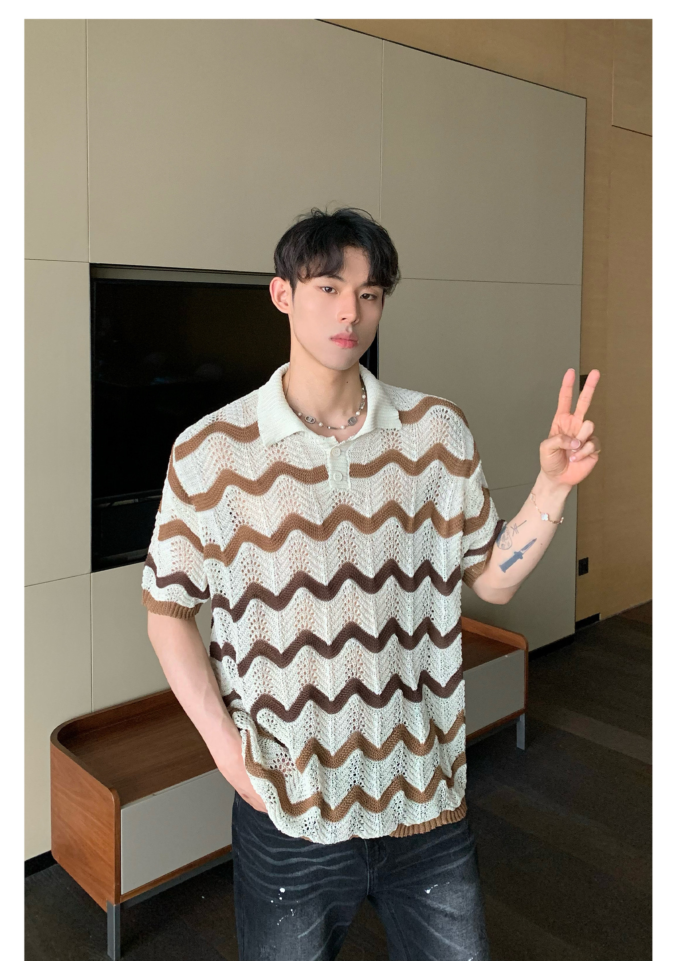 90s Streetwear Korean Style Summer High-end Sense Hollow Color Stripe Lap Short-sleeved Niche Design POLO Shirt T-shirt Casual Top
