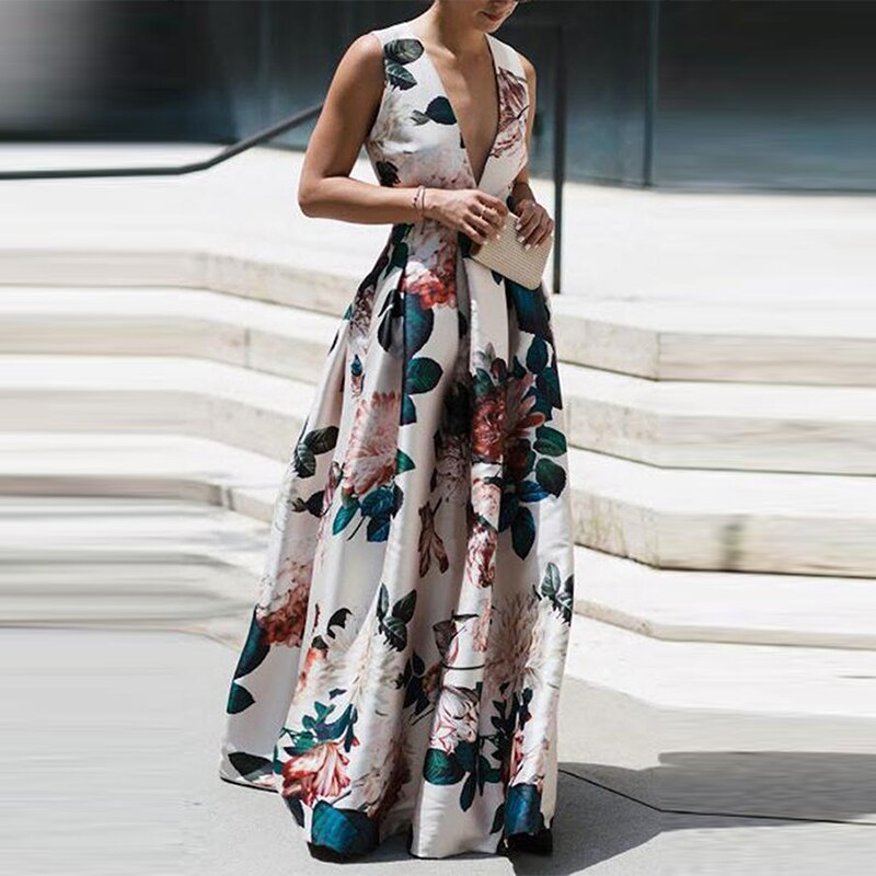 Maxct Summer Autumn Long Dress Fashion Retro Floral Print Sleeveless Holiday Dress Sexy Women Deep V Neck Elegant Party Dress