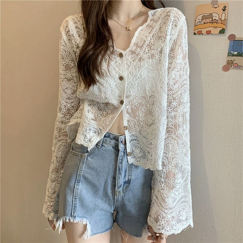 See Through Shirt Women Lace Blouse Summer Sun-Proof Sweet Sheer Tops Preppy V-Neck Casual Trendy Harajuku Basic Korean Blouse