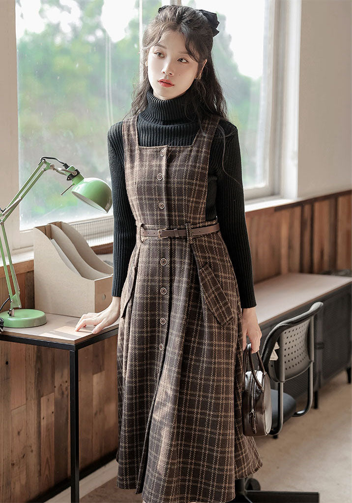 Button Up Plaid Pinafore Dress Maxct
