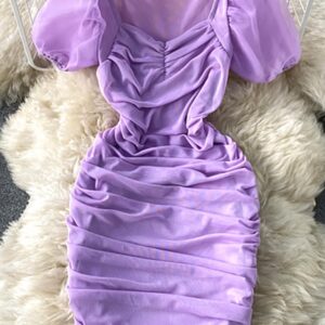 Maxct Sexy Mesh Draped Bodycon Dress Women Elegant Square Collar Short Puff Sleeve Pleated Vestidos Female Summer