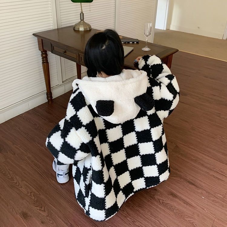 Checkered Cozy Bear Ears Zip-Up Hoodie for Women - true deals club