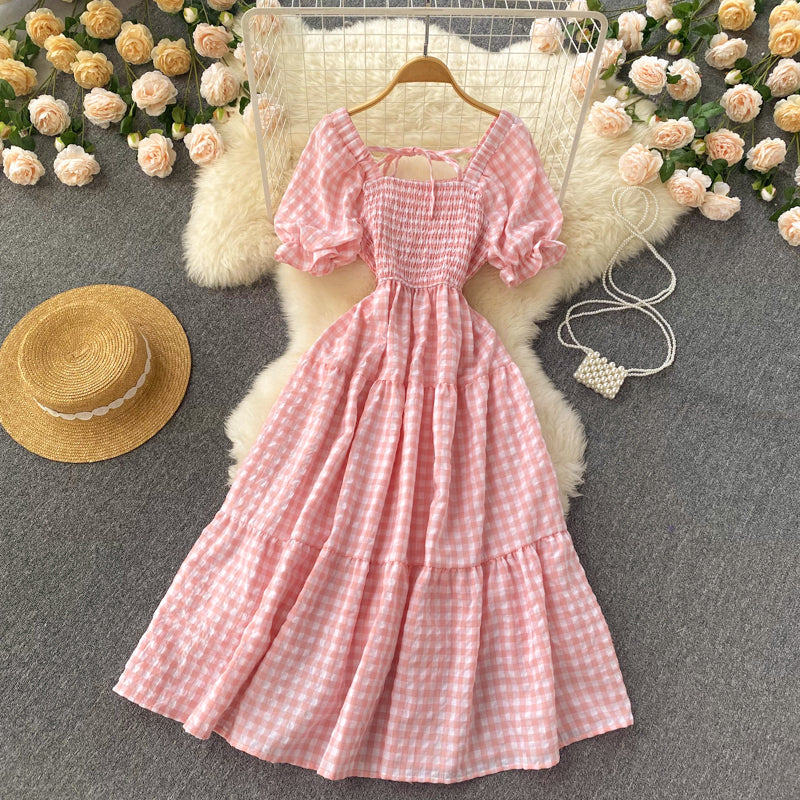 Puff Sleeve Gingham Tiered Dress Maxct