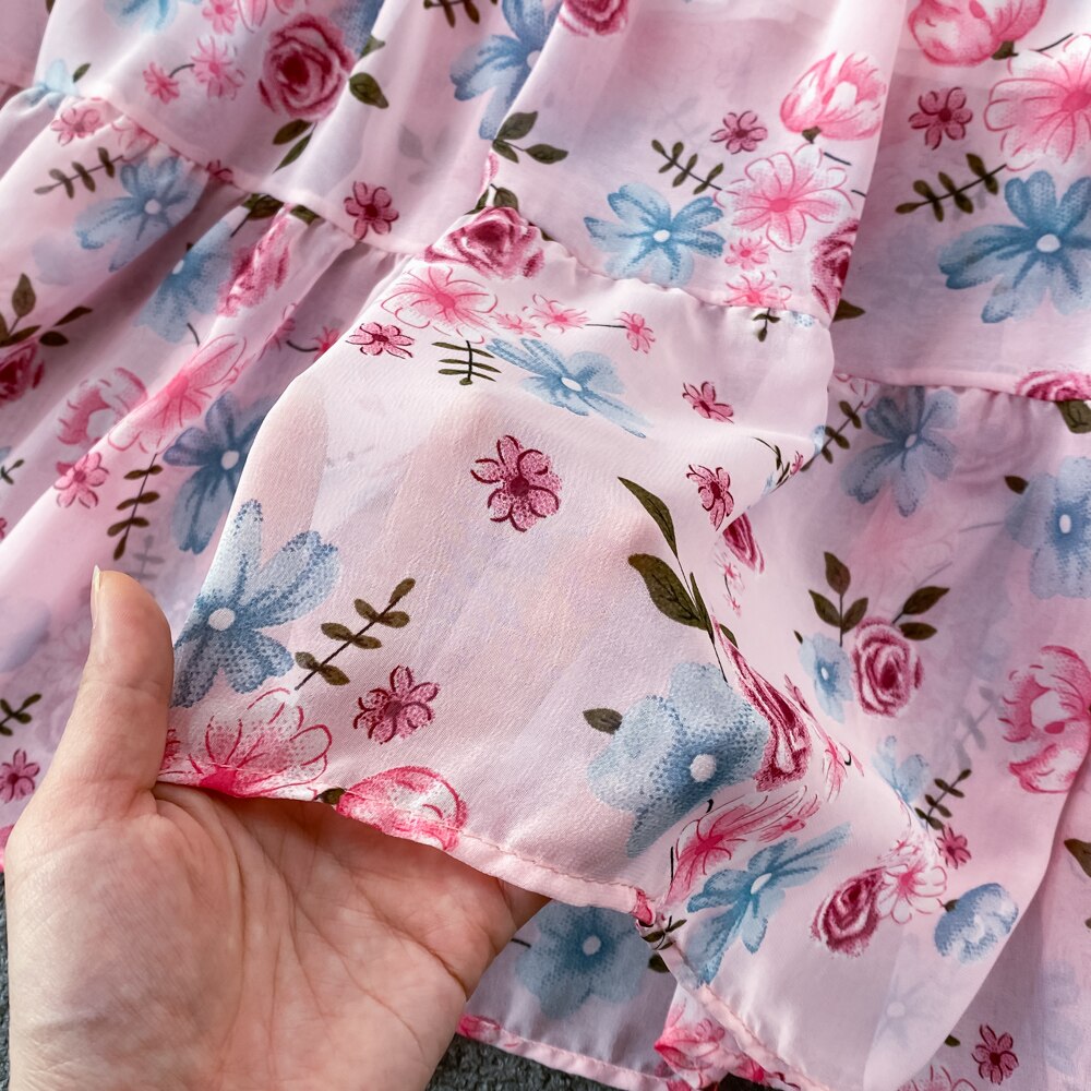 Floral Midi Dress Women Elegant V-Neck Lantern Long Sleeve High Waist Draped A-Line Casual Vestidos Female Spring Autumn