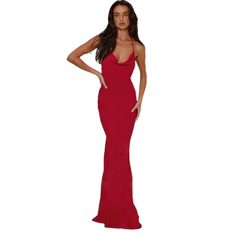 Maxct Women's Clothing 2024 Spring New Fashion Solid Color Hip Sexy Hollow Backless Neck Long Dress Women