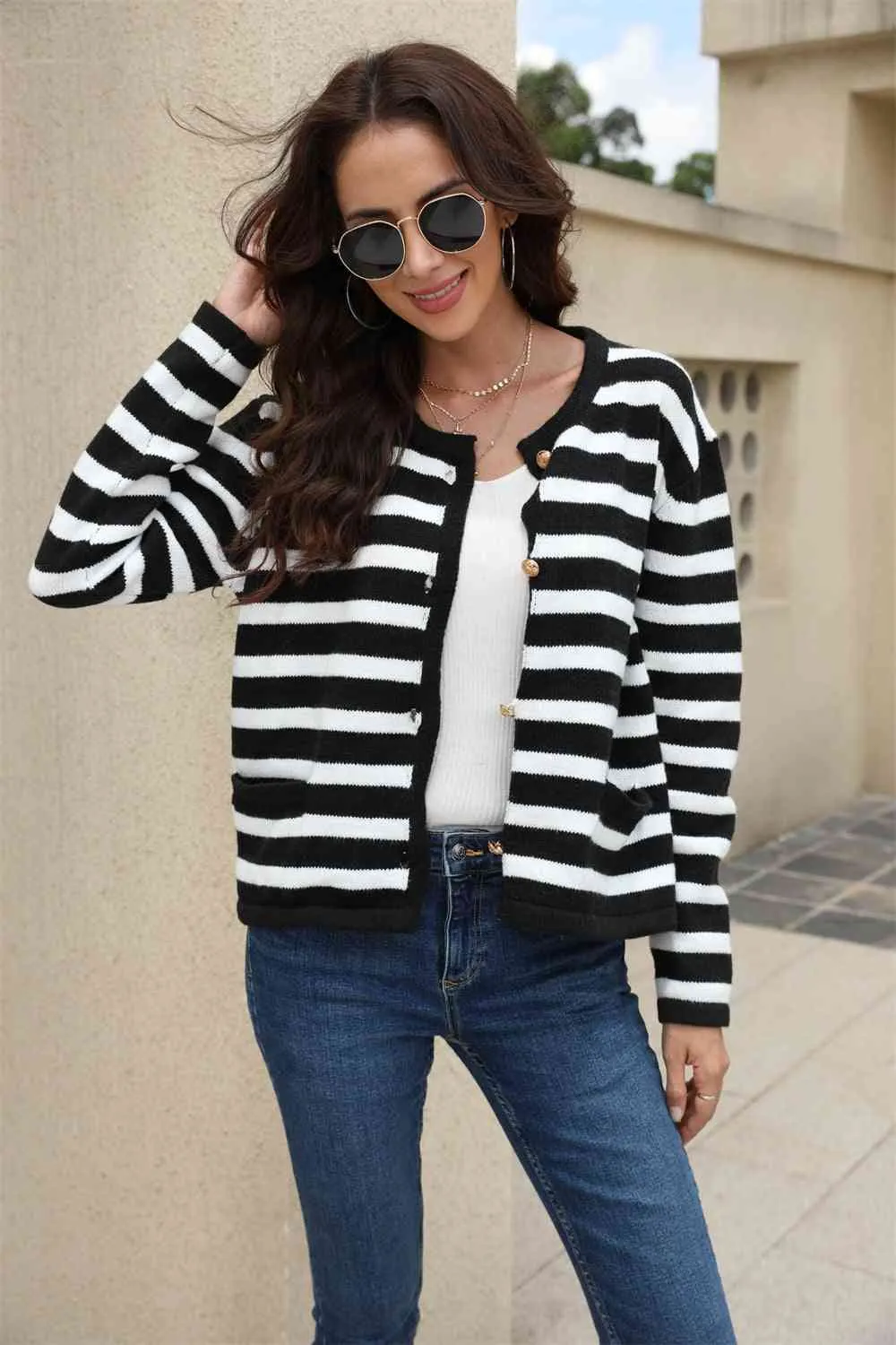 Maxct &Striped Round Neck Button-Down Dropped Shoulder Cardigan