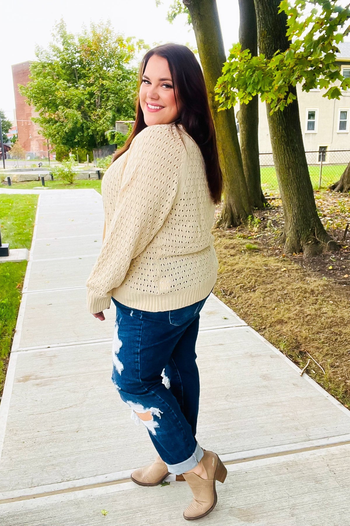 Maxct &Follow Me Oatmeal Pointelle Knit Button Down Cardigan
