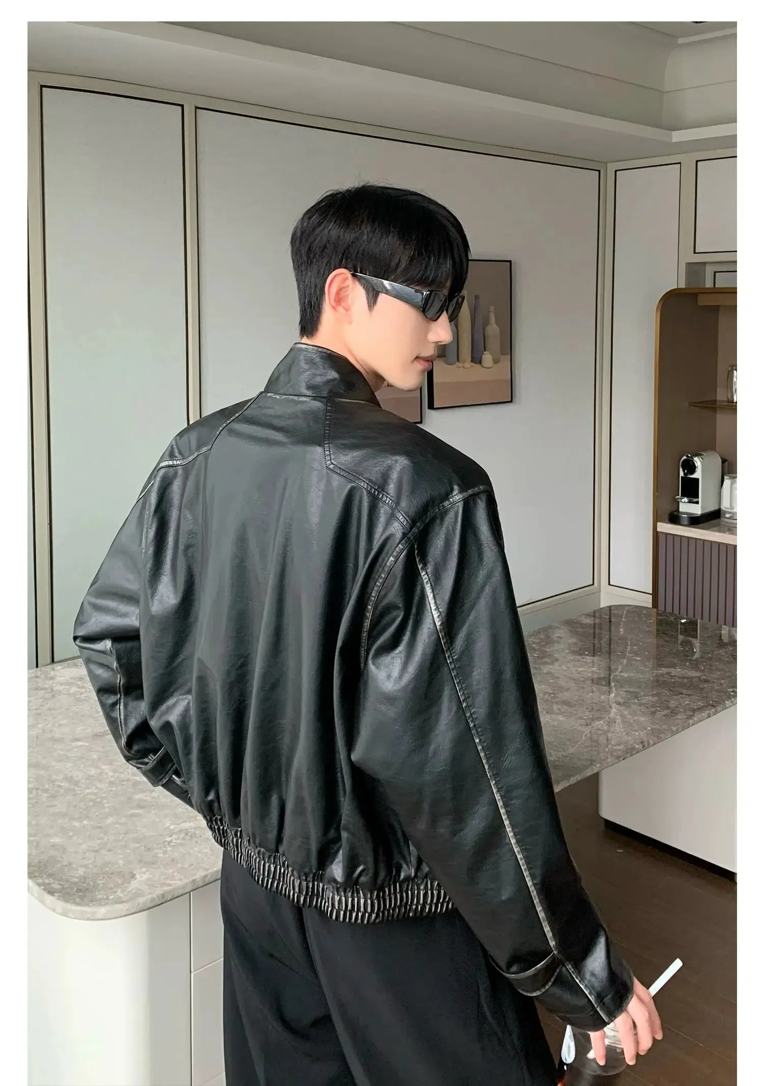 Maxct Stand Collar Cotton PU Leather Bomber Jacket