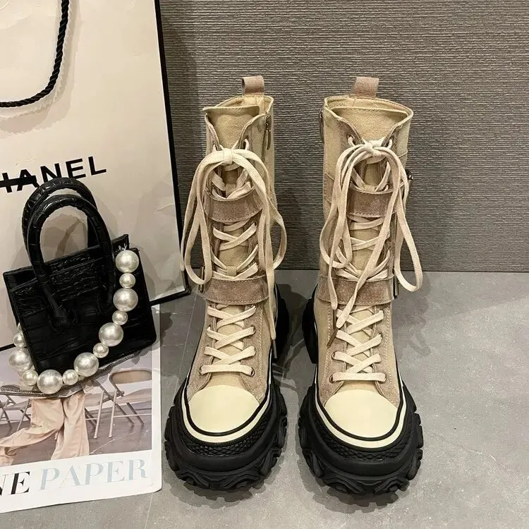 Mid Calf Length Boots - Leather Motorcycle Style for Women Maxct