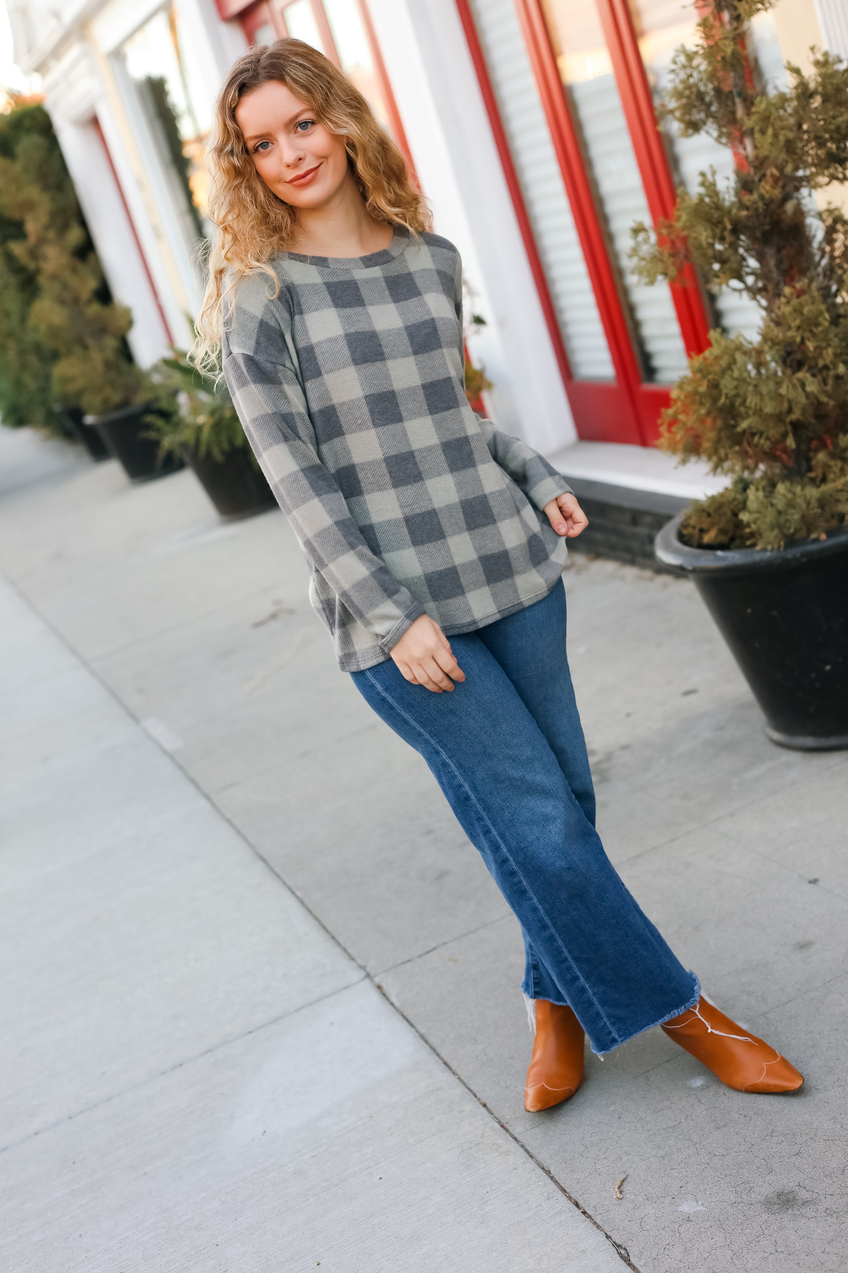 Maxct &Check It Out Olive Grey Checker Plaid Hacci Pullover