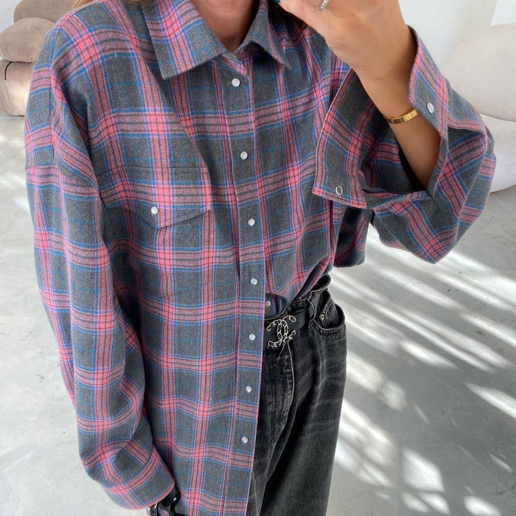 Retro Lapels Lattice Loose Shirt For Women Single-Breasted Long Sleeves Stripe Summer New Casual Versatile Pocket Shirt