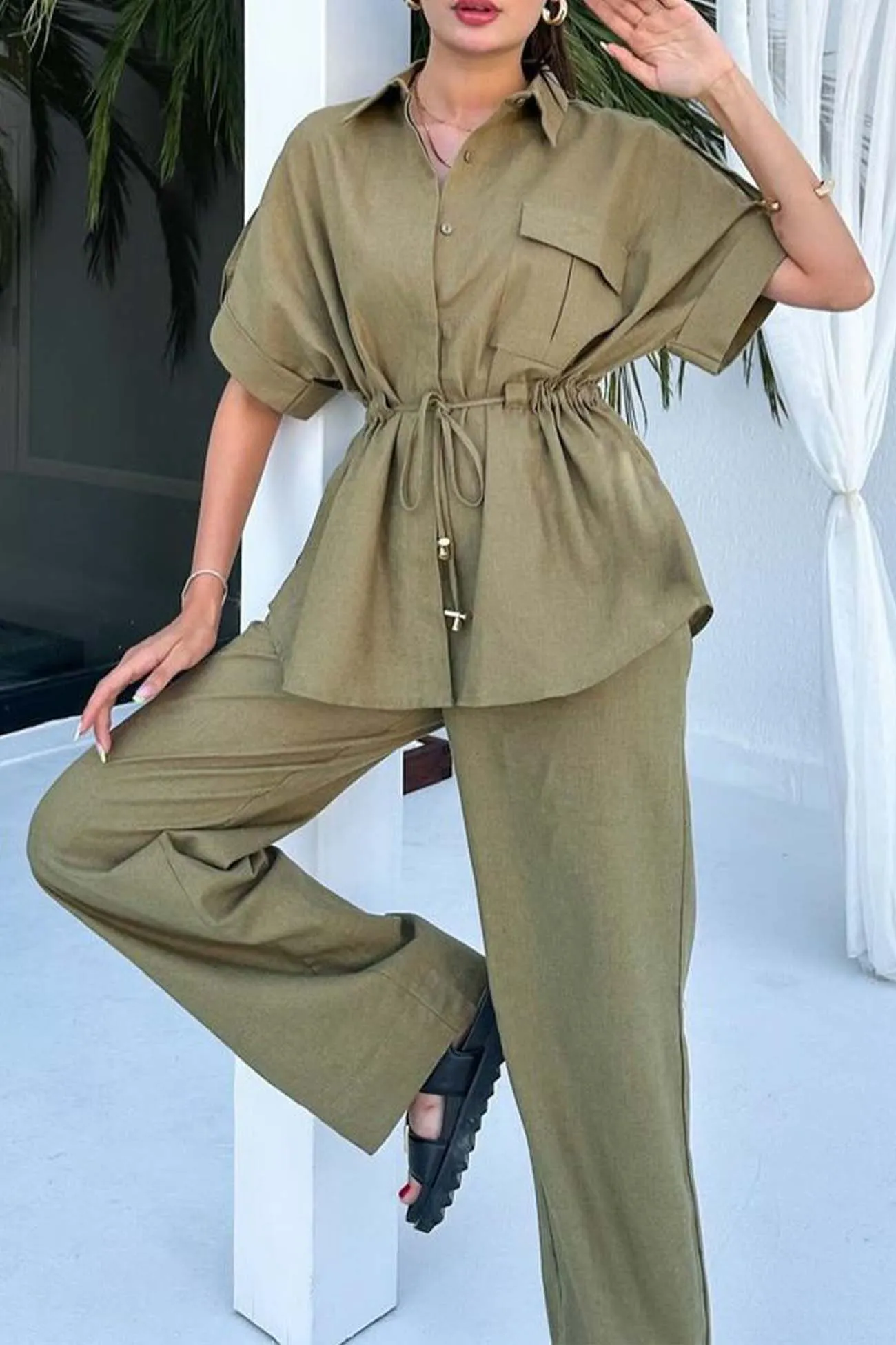 Maxct Half Sleeve Drawstring Shirt Long Pants Two-Piece Set