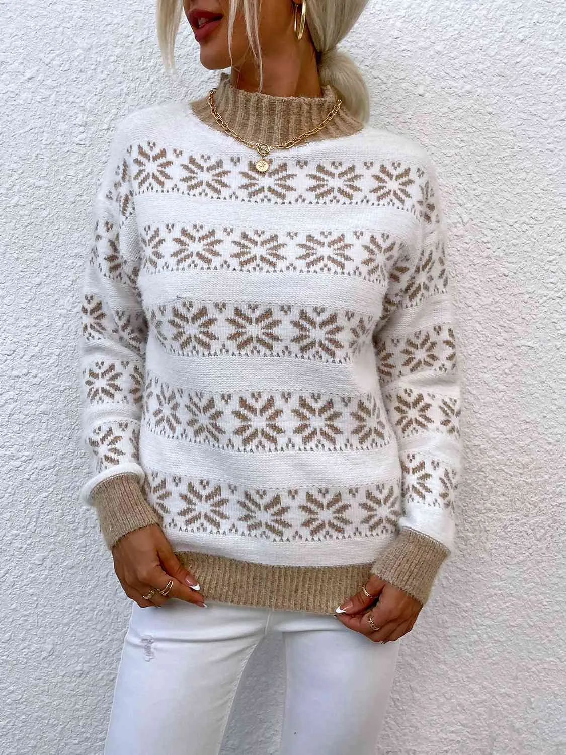 Maxct &Snowflake Pattern Mock Neck Sweater