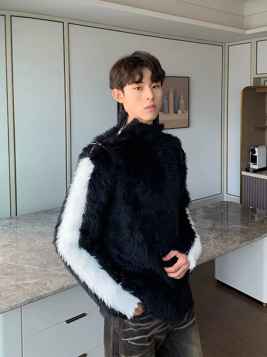 Maxct Colorblock Stand-up Collar Faux Mink Sweater