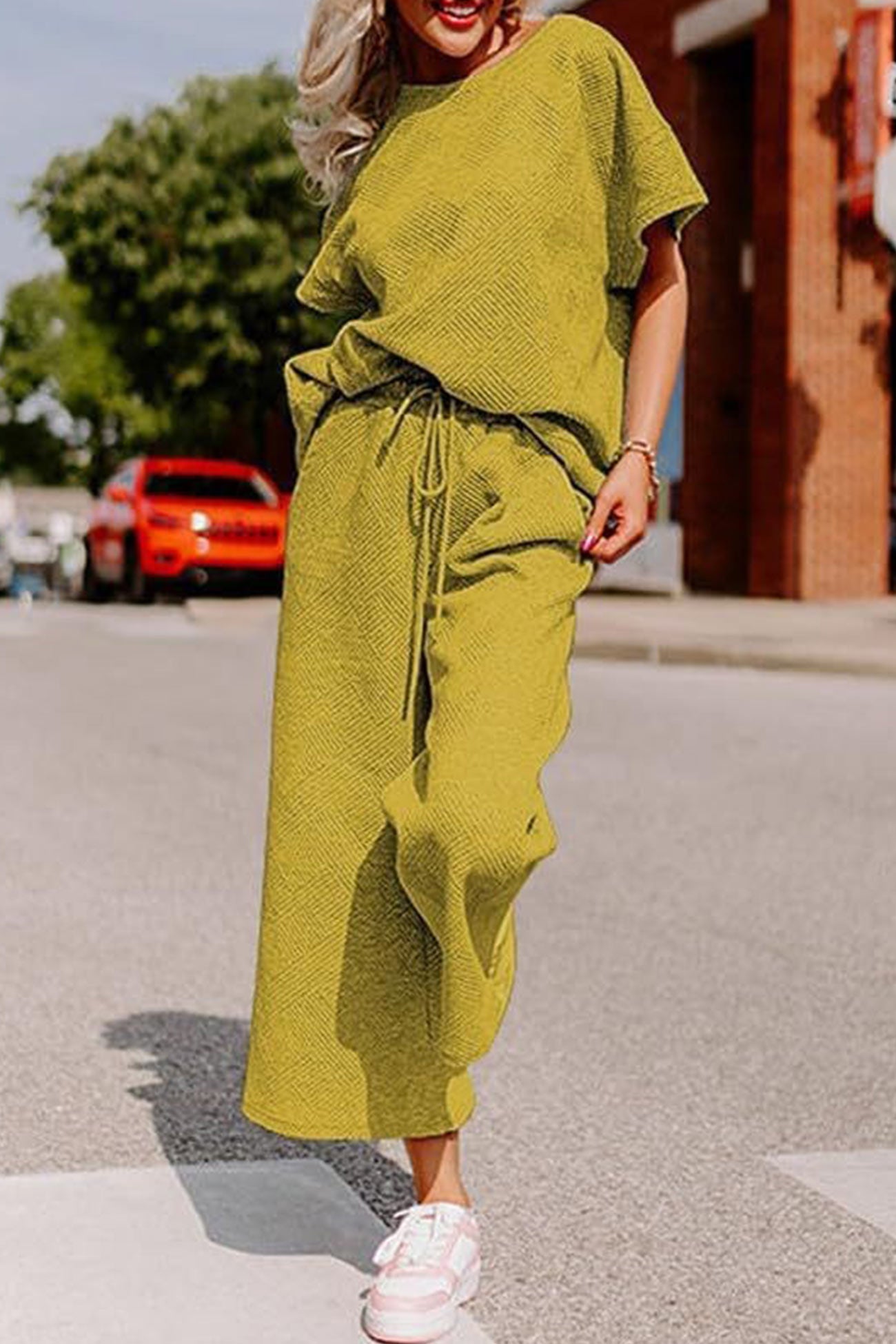 Maxct Solid Textured T-shirt Long Pants Set