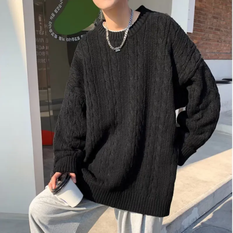 Pullover sweater men autumn winter pure color simple retro crewneck sweater lazy wind twist thread coat