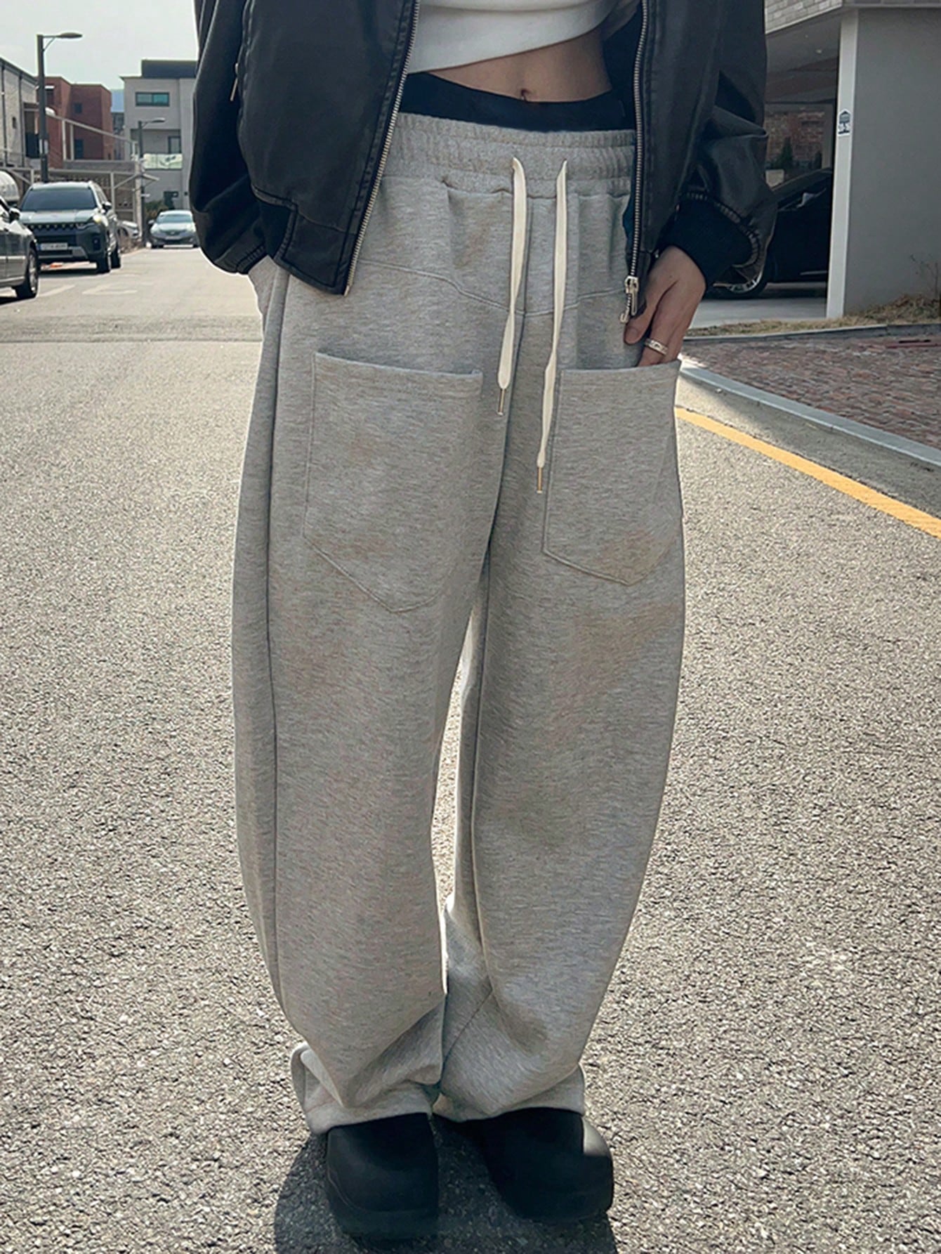 Maxct Women Solid Color Drawstring Elastic Waist Pocket Wide Leg Cropped Pants