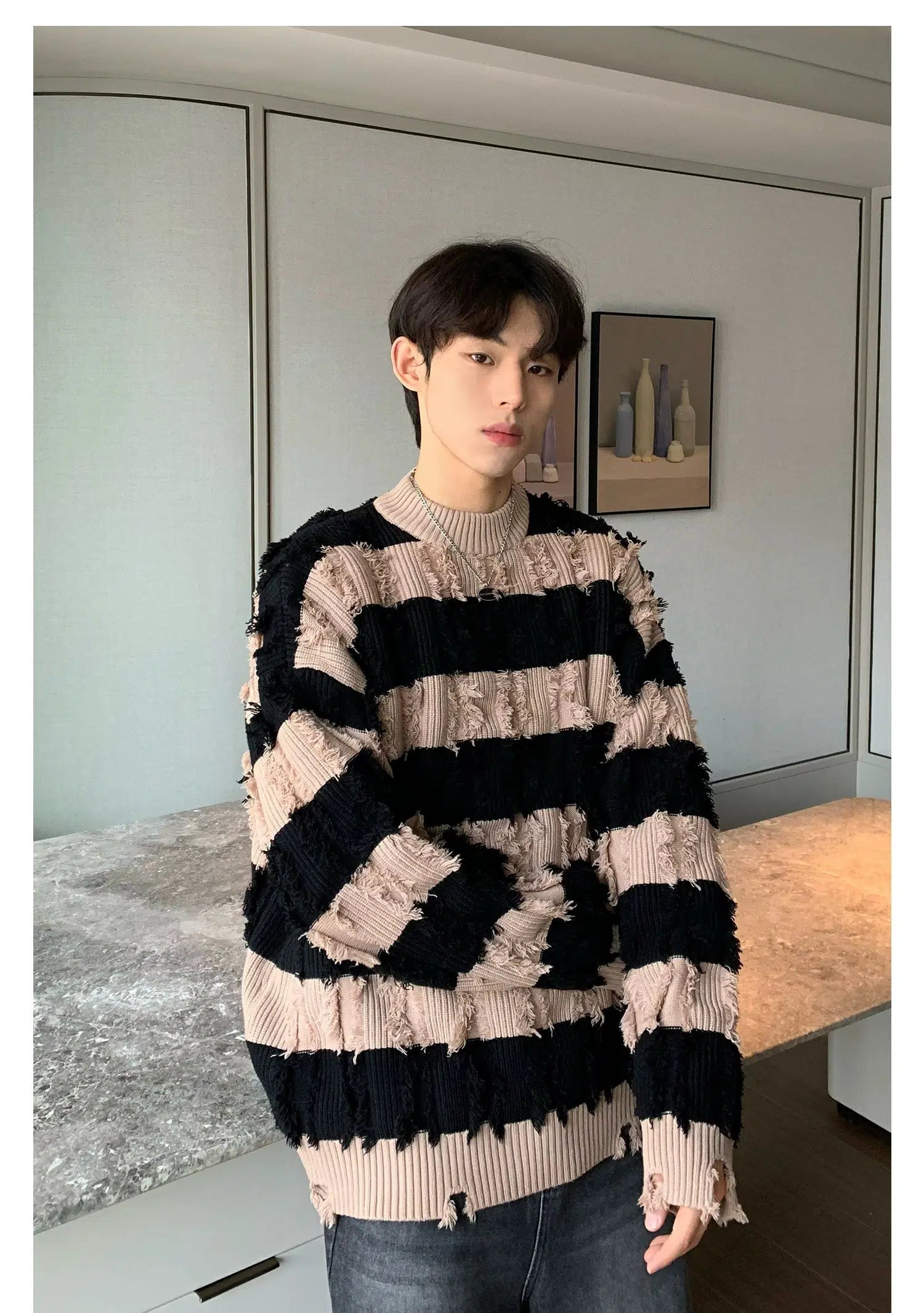 Maxct Half Turtleneck Striped Destroyed Sweater