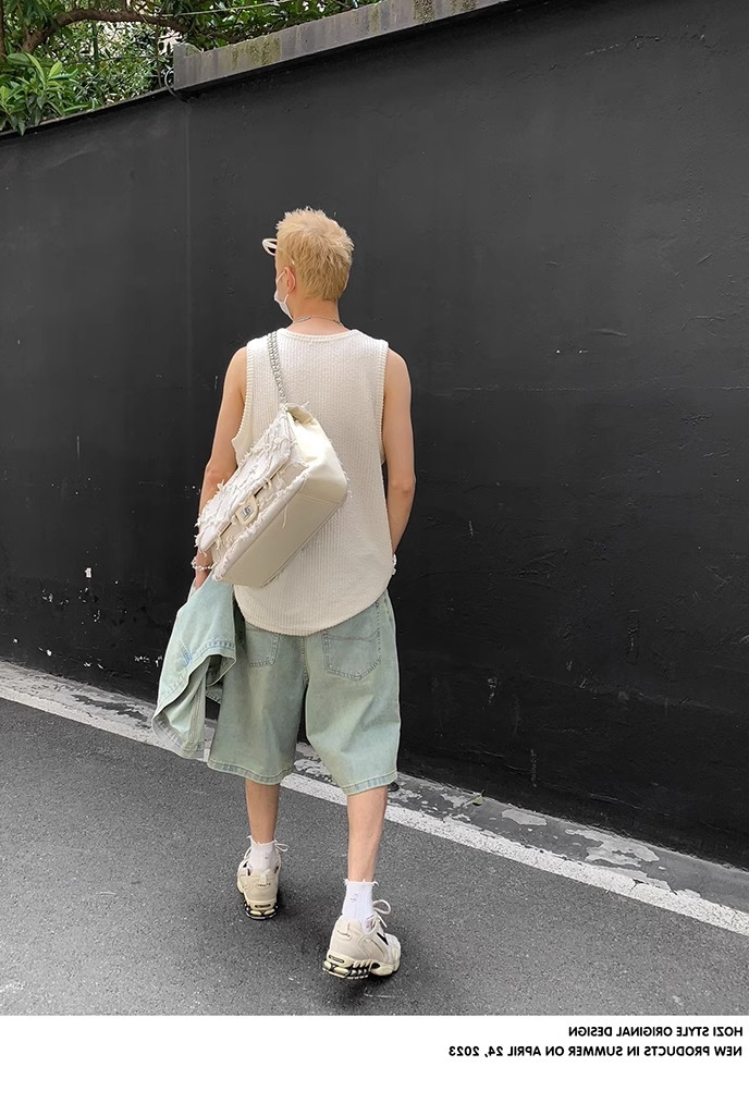 90s Streetwear Solid Color Simple Vertical Stripe Niche Retro Round Neck Vest Men's Summer New Casual All-match Sleeveless T-shirt