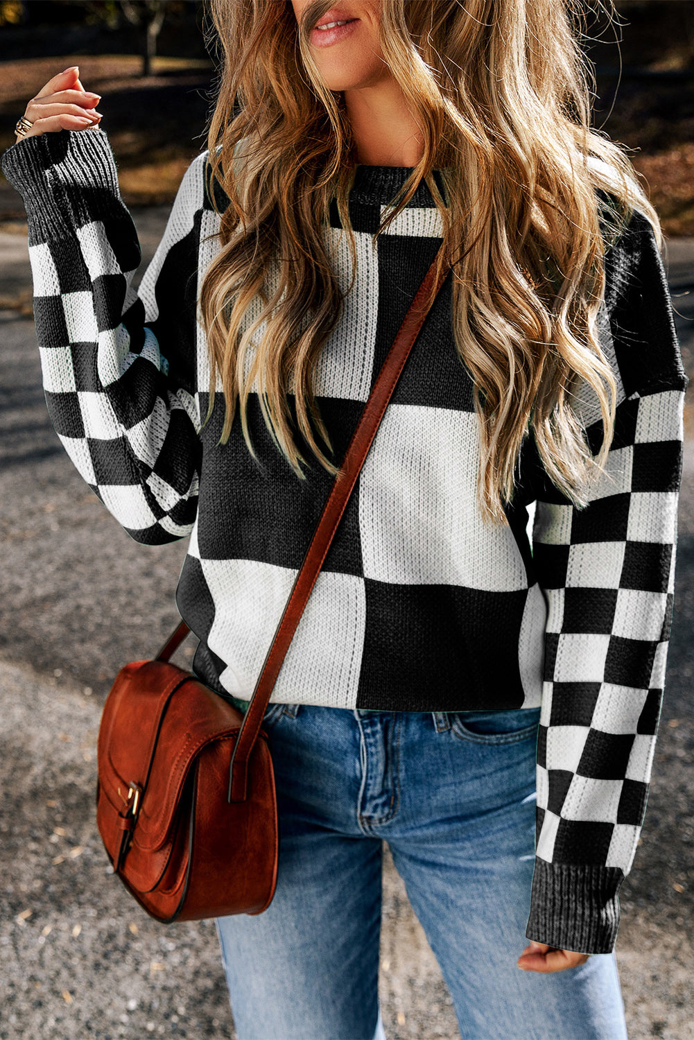 Maxct &Checkered Round Neck Drop Shoulder Sweater