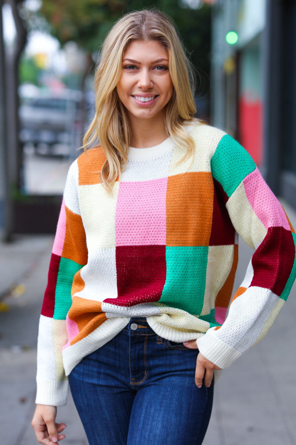 Maxct &Adorable Ivory & Camel Checker Jacquard Knit Sweater