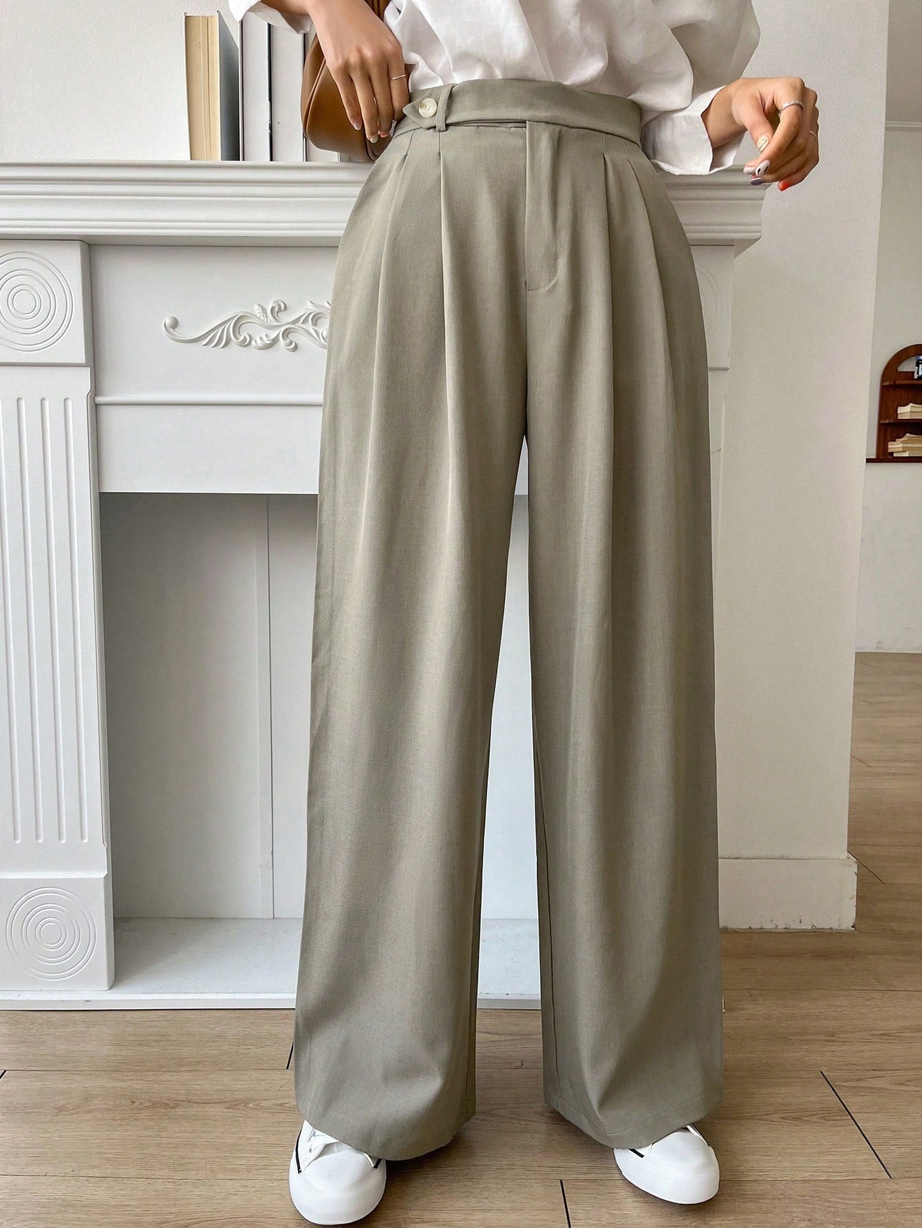 Maxct Women Solid Color Pleated Loose Wide-Leg Suit Pants