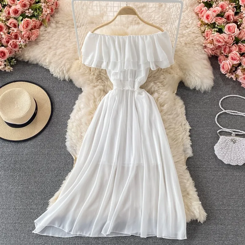 Chiffon Dress Women Sexy Slash Neck Ruffle Robe Elegant Ruffle High Waist Vestidos Female Beach Vacation New