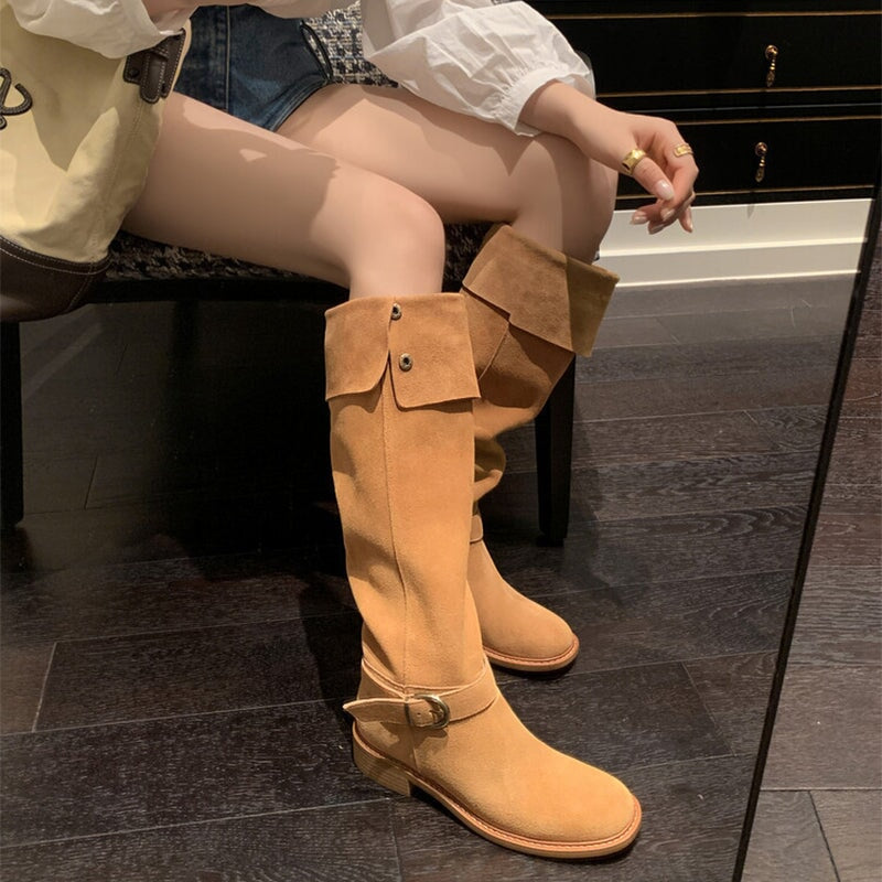 Womens Suede Knee High Boots 75mm Block Heel Maxct