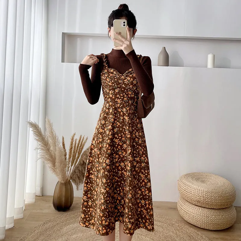Fall Florals Corduroy Midi Dress Maxct